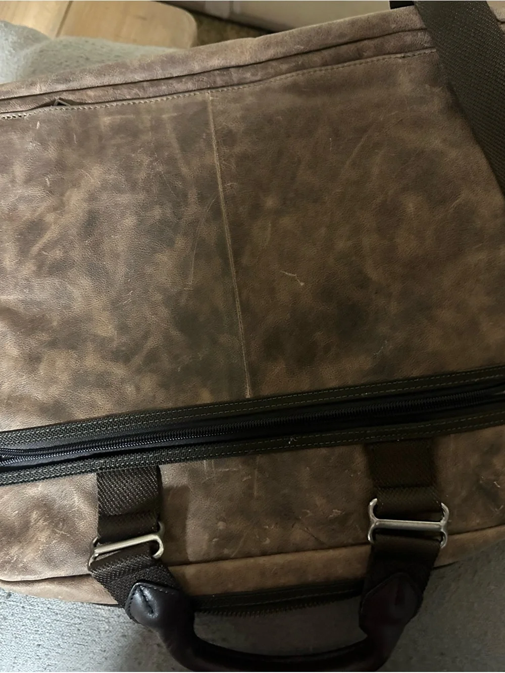 Tumi Distressed Brown Leather Laptop Briefcase with Dark Trim